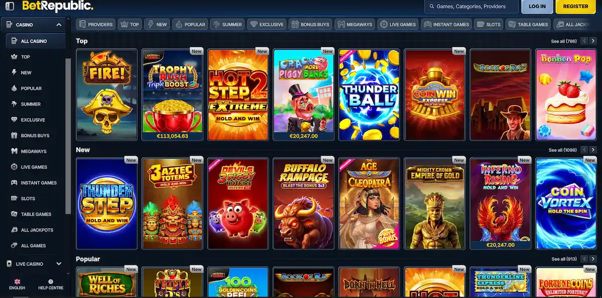 BetRepublic online casino lobby showing top, new and popular slot games
