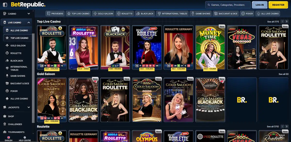 BetRepublic live casino lobby with studio-streamed dealer tables