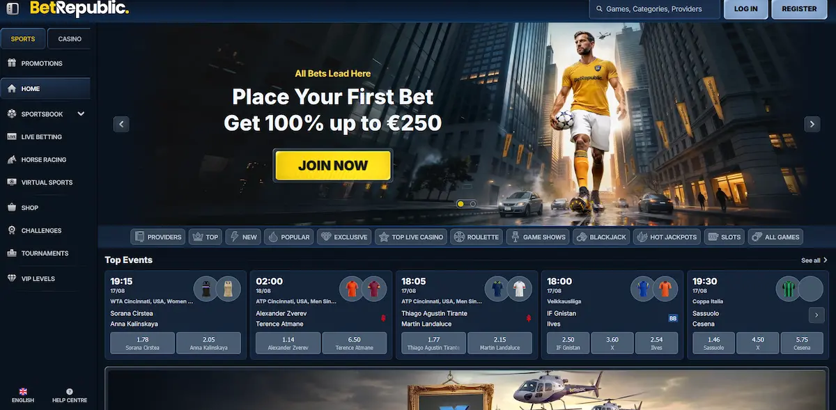 BetRepublic sportsbook betting markets and live odds